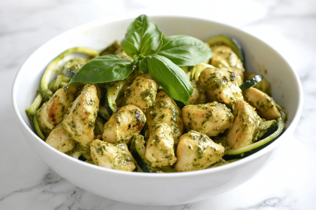 Chicken pesto served over zucchini noodles with basil garnish