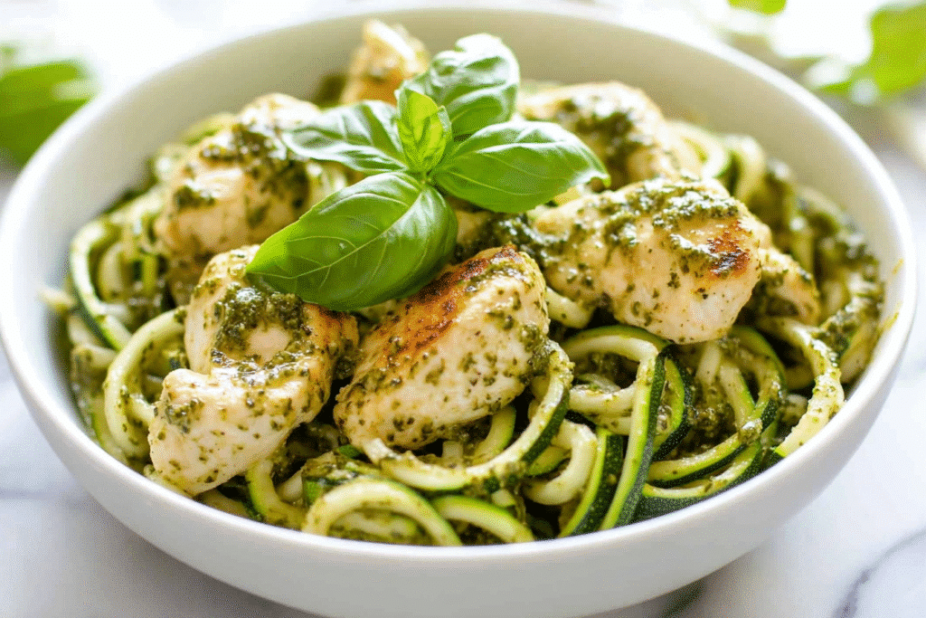 Single-serving keto chicken pesto with basil over zucchini noodles on white plate