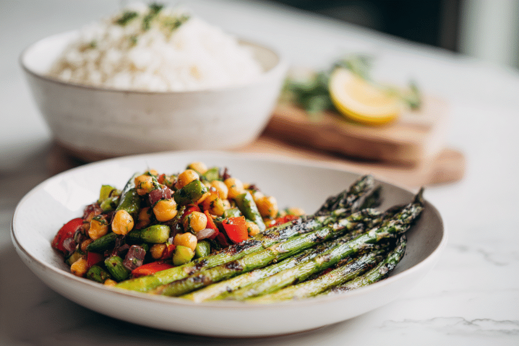 Chickpea salad and grilled asparagus with rice on modern white kitchen countertop. Best Sides for One Pot Chicken and Rice with Caramelized Lemon