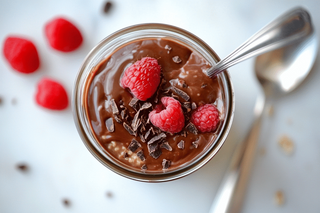 Chocolate raspberry overnight oats in jar