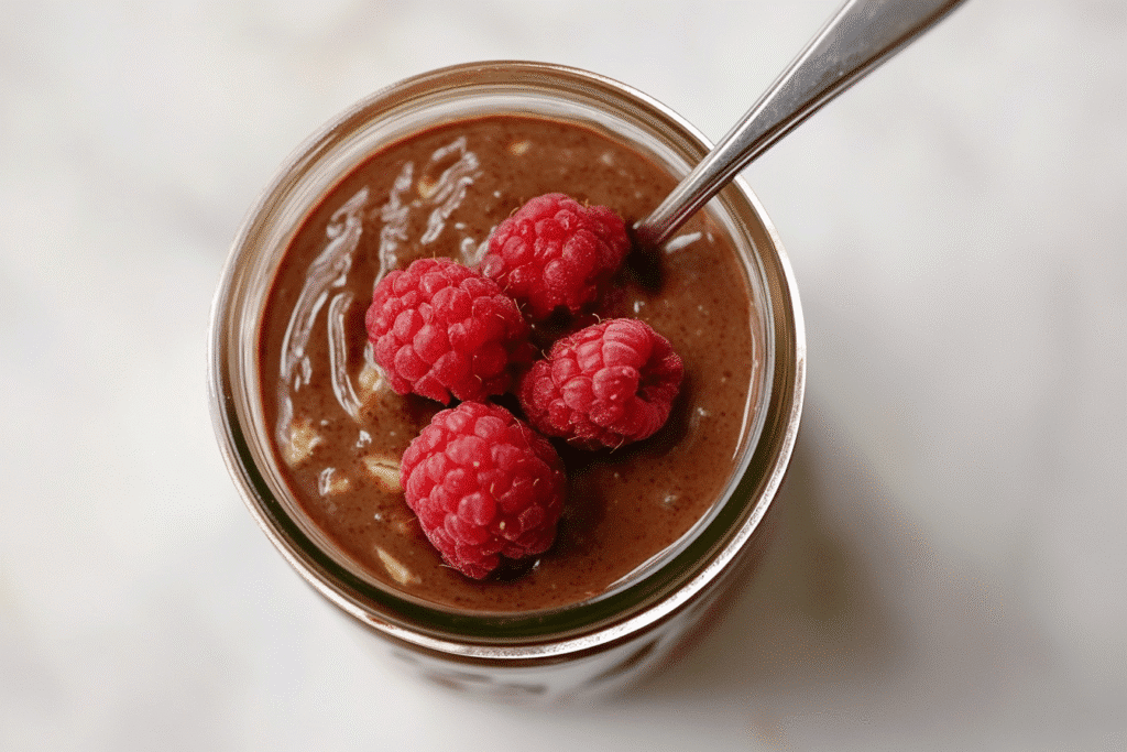 Single jar of chocolate raspberry overnight oats on a wooden table