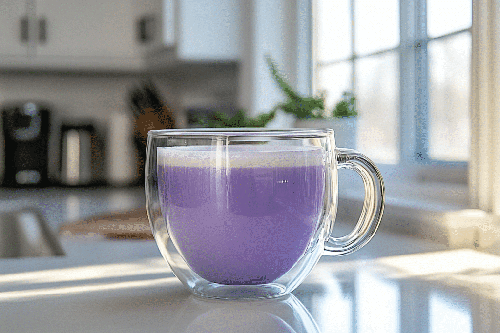 ube latte on white countertop in bright kitchen