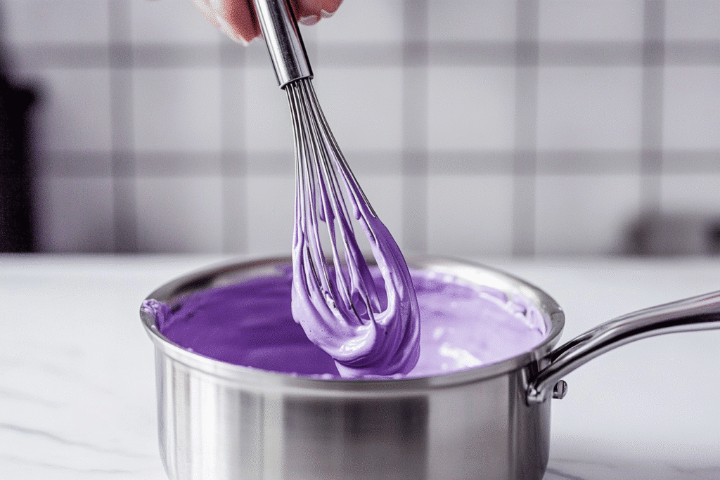 whisking ube halaya with milk for ube latte