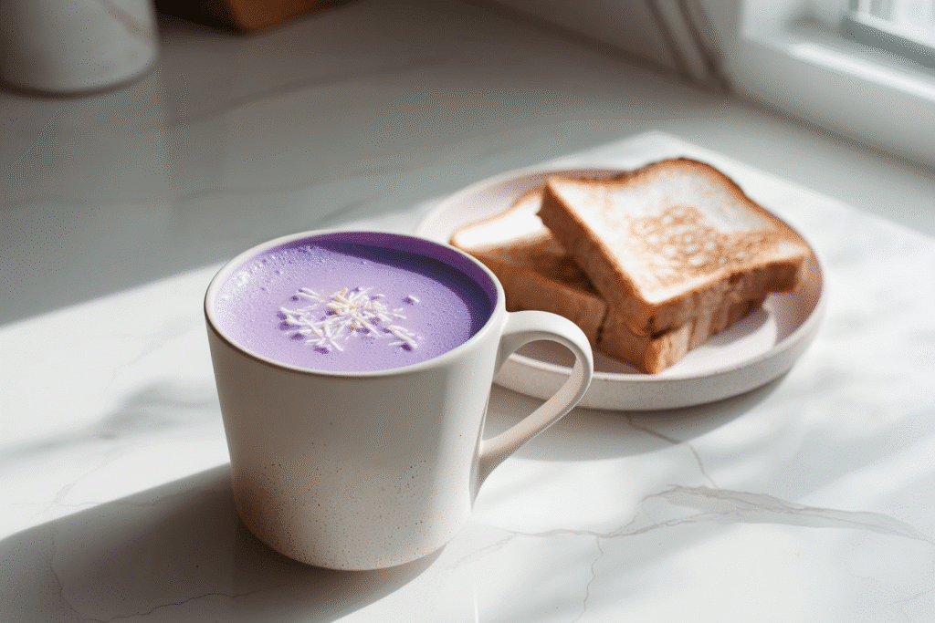 Purple ube latte on white counter with natural light