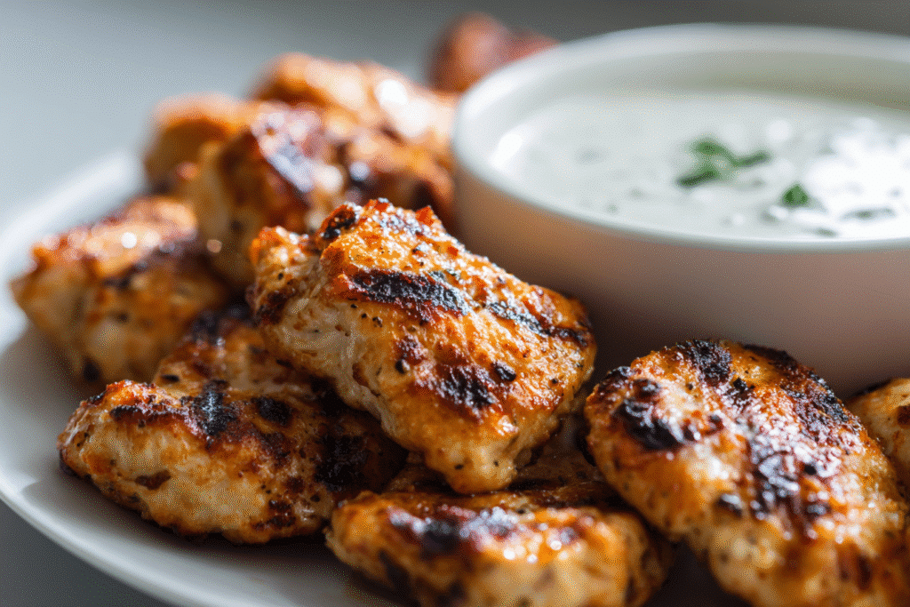 Grilled keto chicken nuggets served on a white plate in a bright modern kitchen