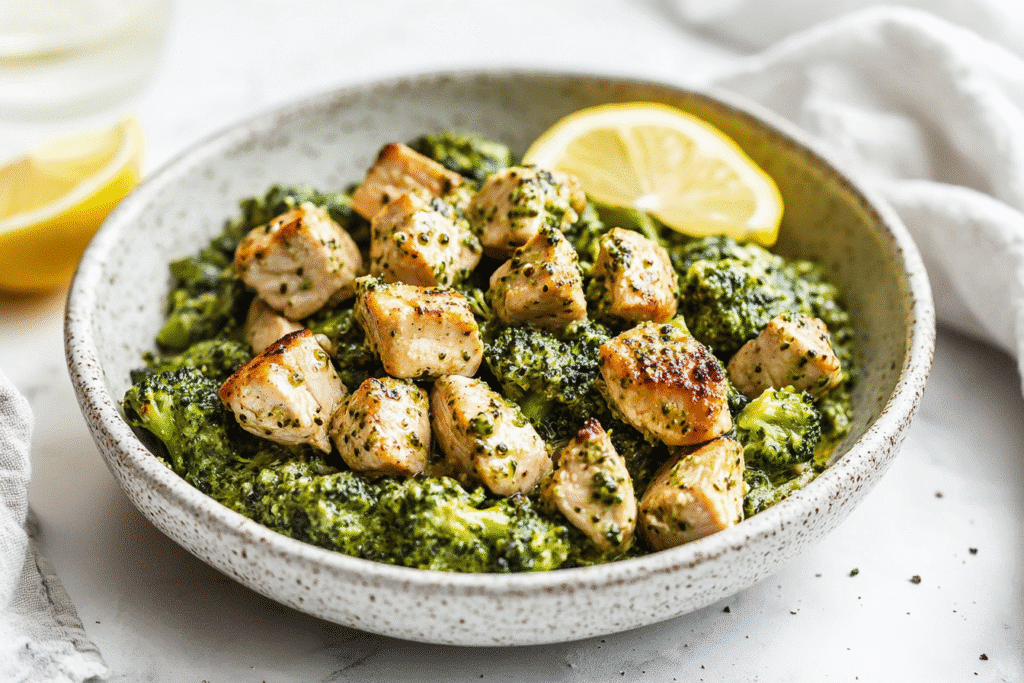 keto chicken broccoli pesto on countertop
