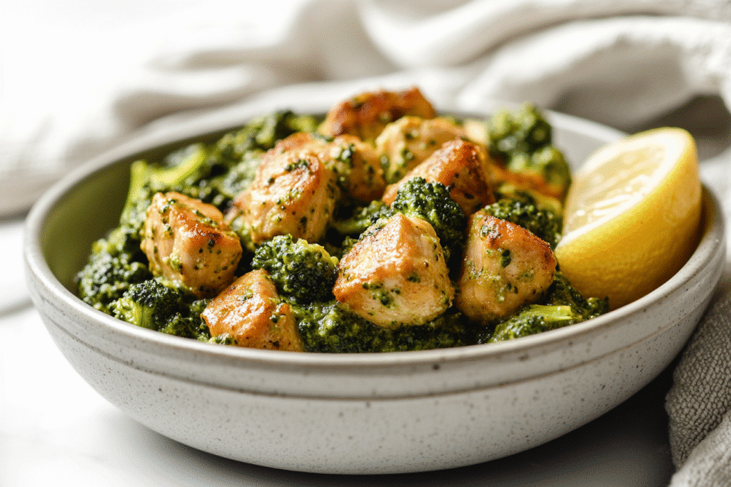 keto chicken broccoli pesto plated on white counter