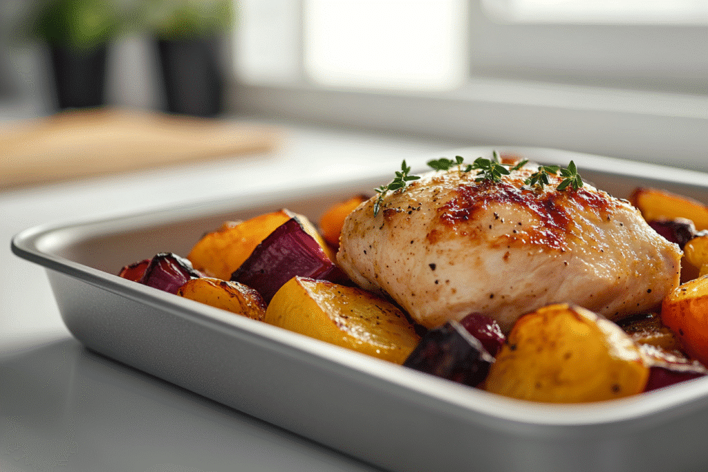 Sheet pan hot honey mustard chicken with roasted veggies on white countertop