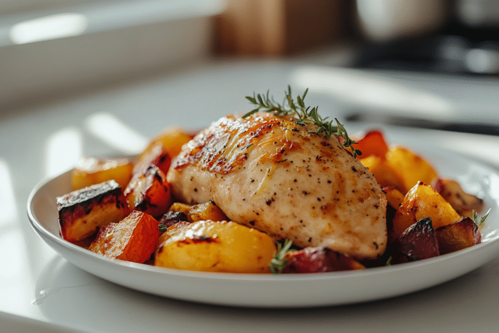 Sheet pan hot honey mustard chicken served with roasted veggies on a minimalist white plate
