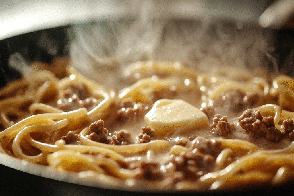Pasta simmering in creamy broth with beef