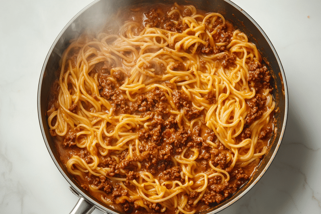 One pot creamy beef and garlic butter pasta in skillet