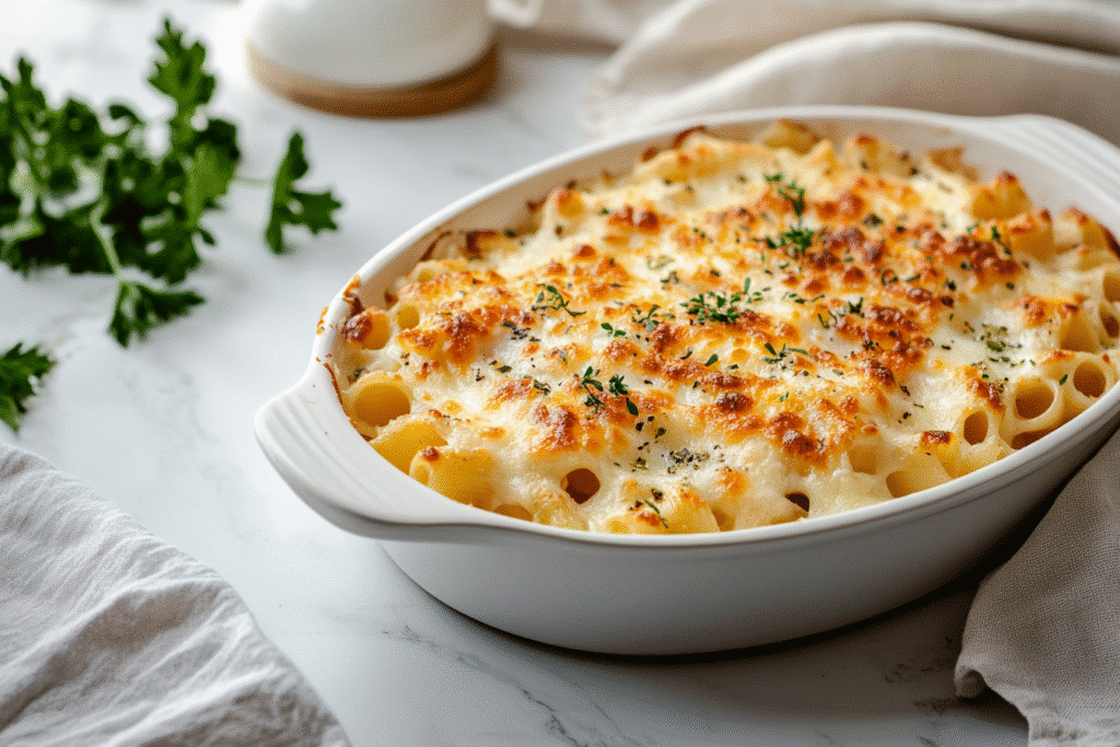 Single-serving pasta al forno with egg in a white ramekin