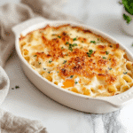 Overhead baked pasta al forno with egg in dish