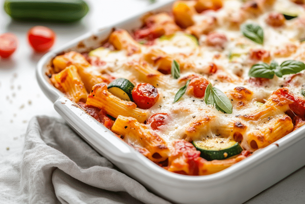 Single-serve vegetarian pasta al forno with roasted vegetables and bubbly golden cheese