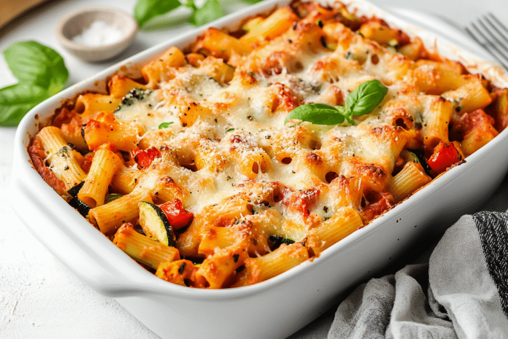 Solo vegetarian pasta al forno with roasted vegetables and golden cheese