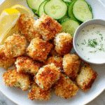 Served keto nuggets with dip and cucumber garnish