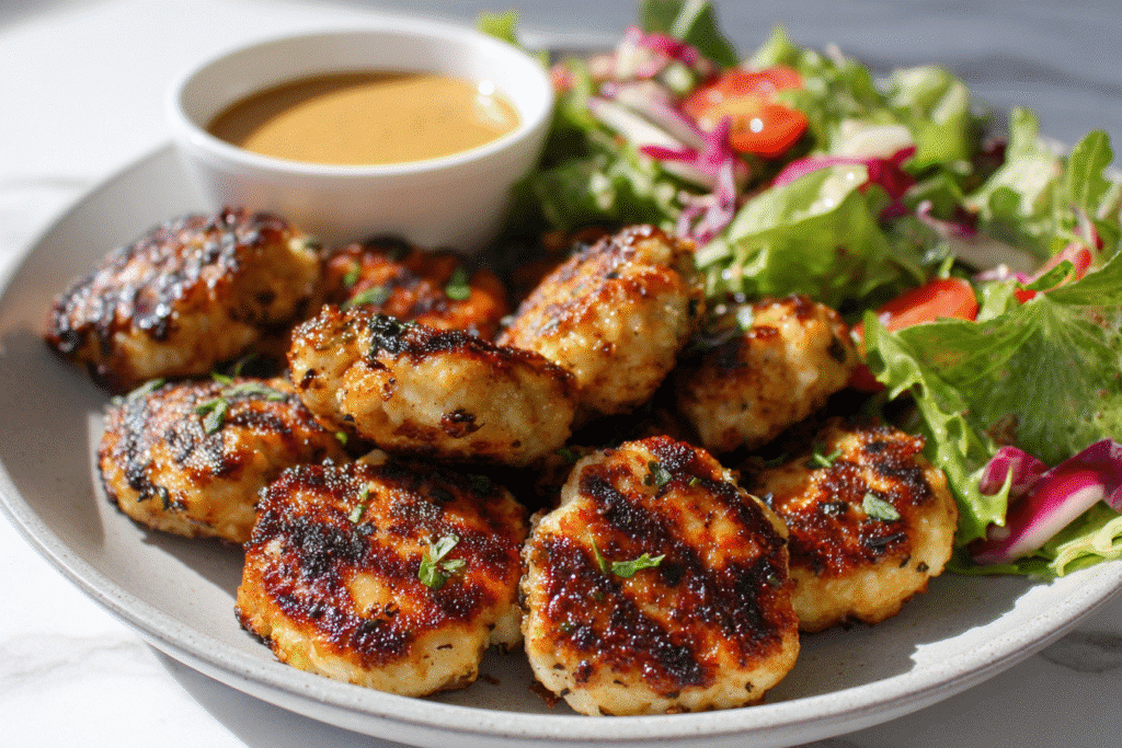 Flat lay of grilled keto chicken nuggets and ingredients on white kitchen counter