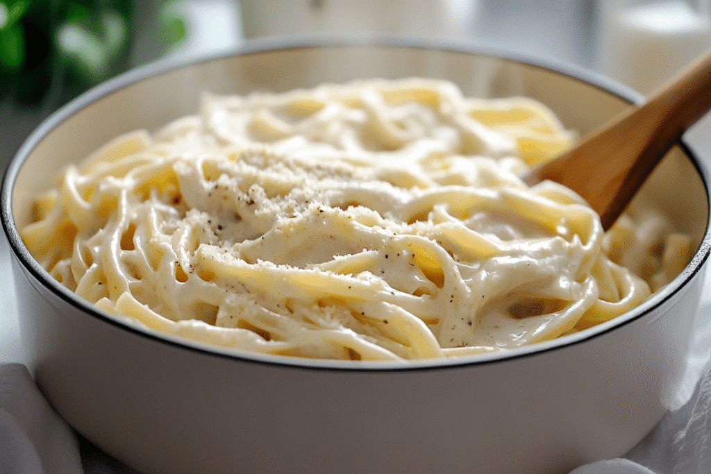 pasta simmering in Alfredo jar sauce in pot