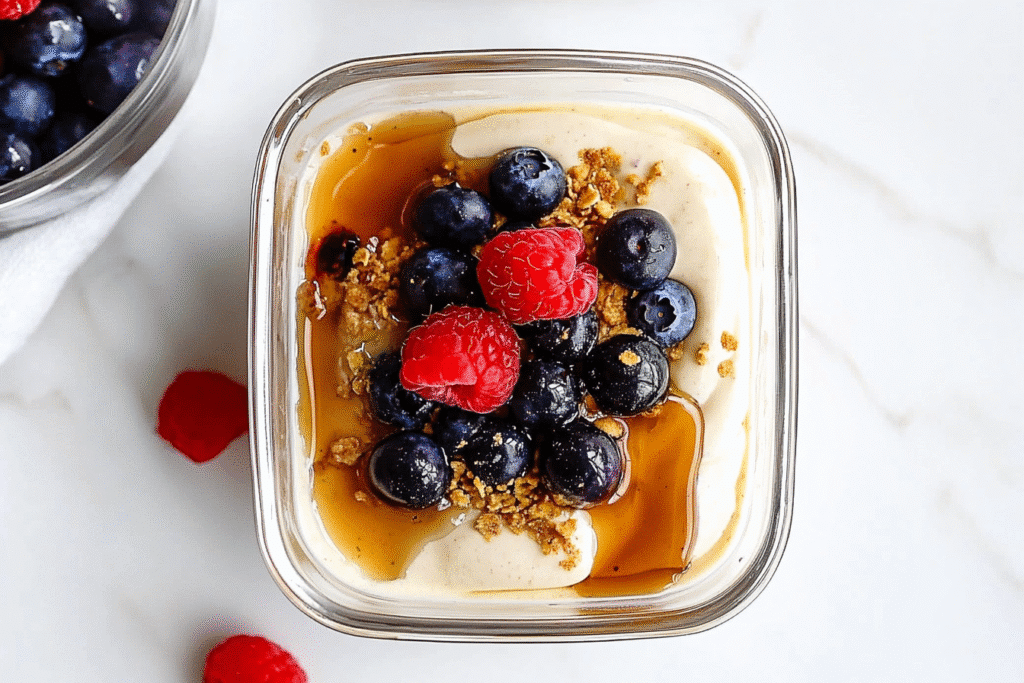 Lazy Girl Pancake Bowl Protein with berries and syrup