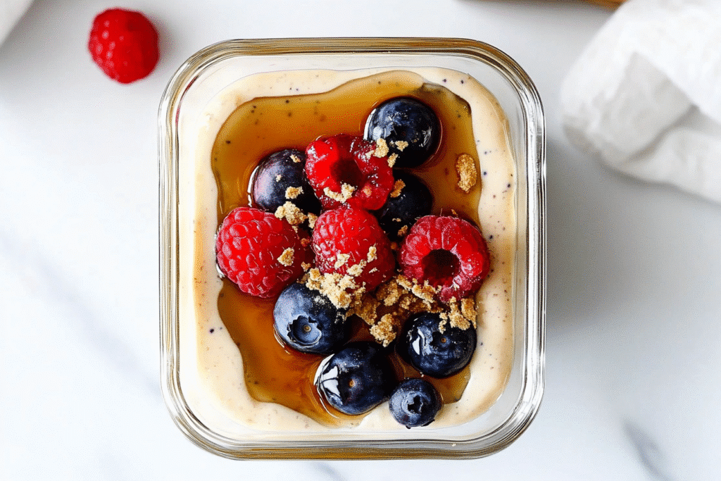 Lazy Girl Pancake Bowl Protein with blueberries and syrup