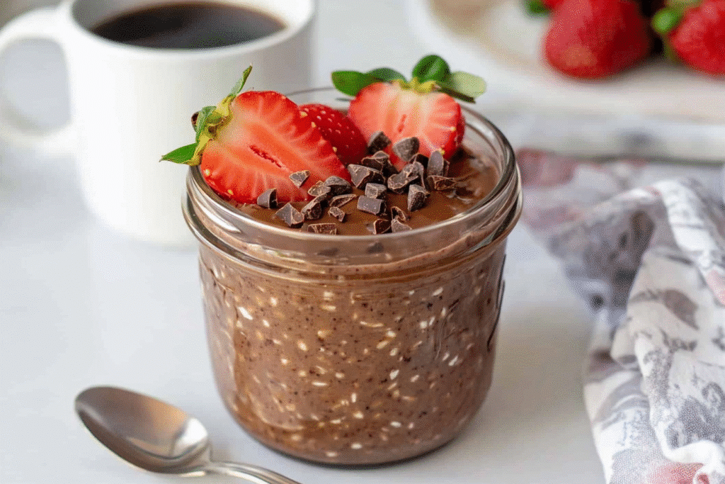 Jar of ready-to-eat chocolate strawberry oats with toppings