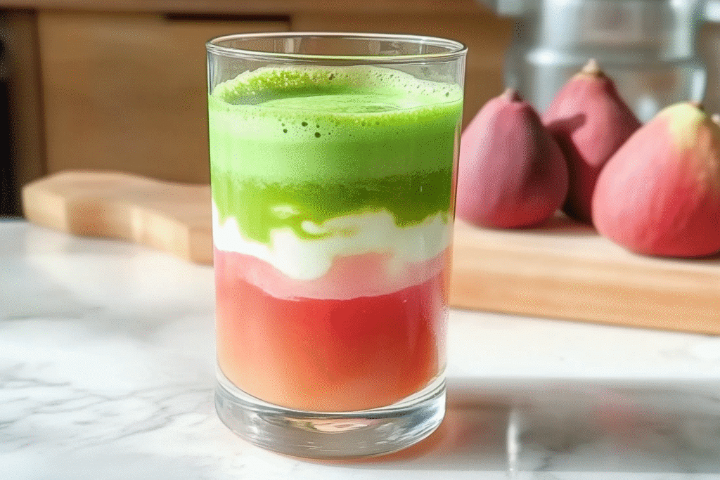 served guava matcha latte on white kitchen counter