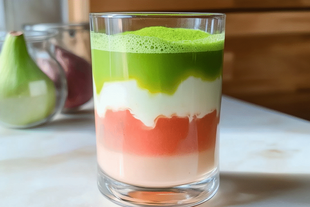 refreshing guava matcha latte in clear glass on modern white kitchen counter