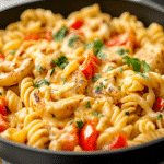 skillet of one pot fajita pasta with chicken and peppers