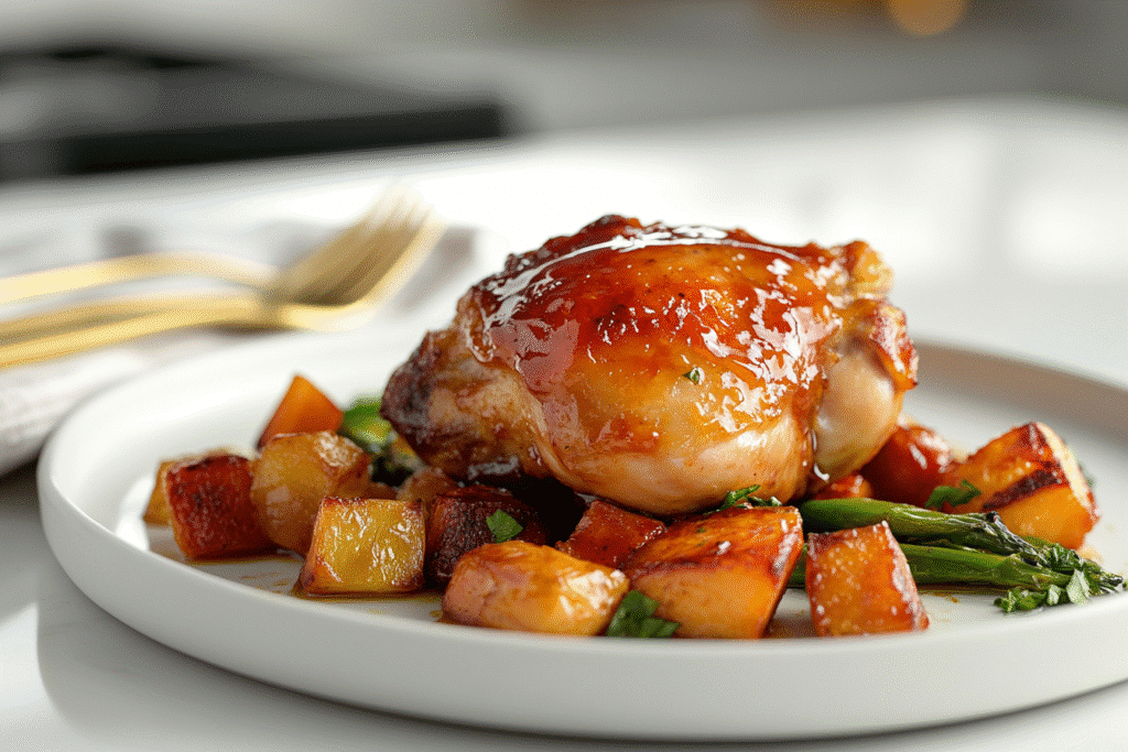 hot honey chicken sheet pan for one on white kitchen counter