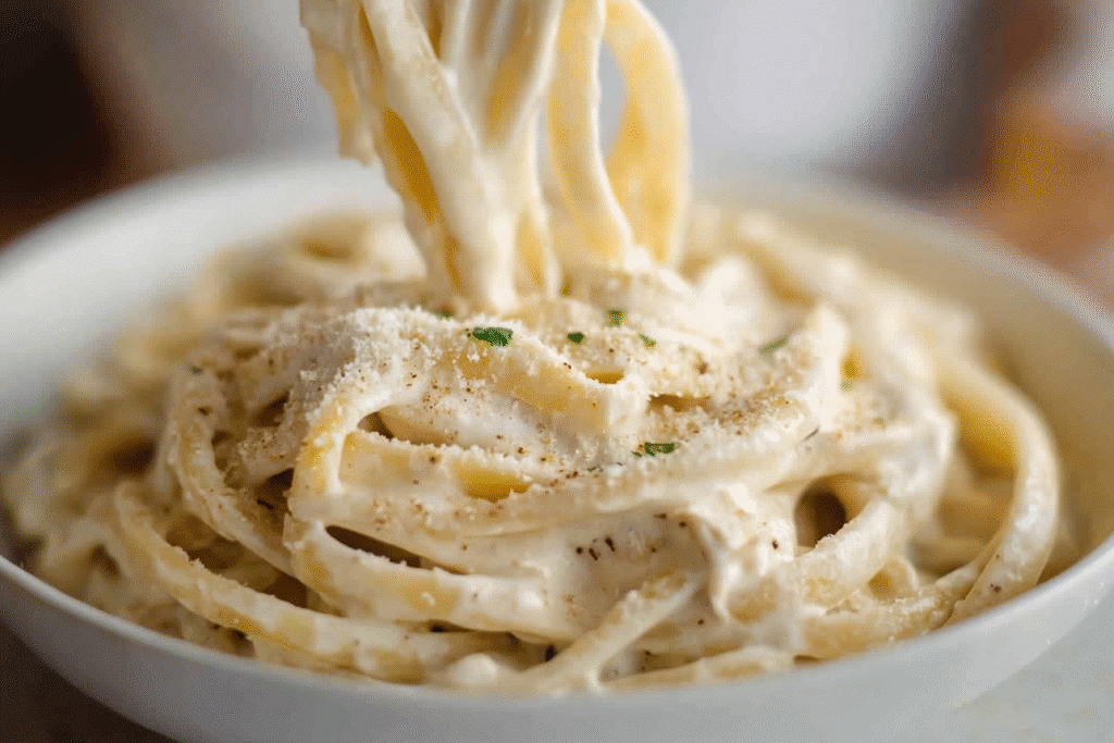 plated one pot alfredo pasta with garnish