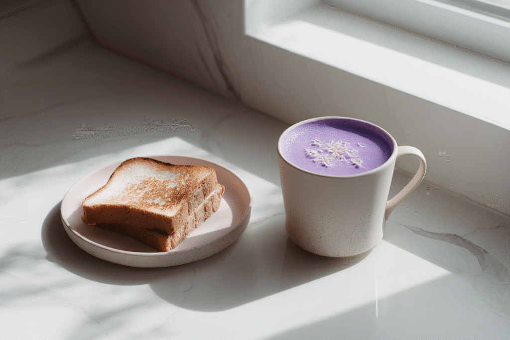 Purple ube latte on white counter with natural light next to window