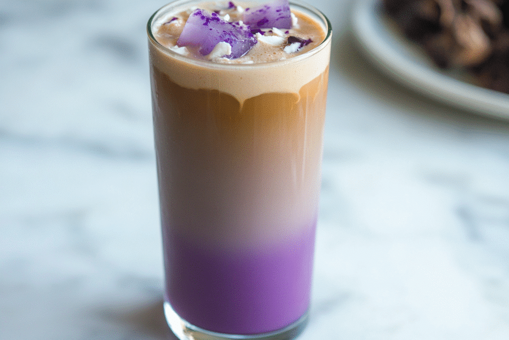 iced ube coconut latte on marble counter