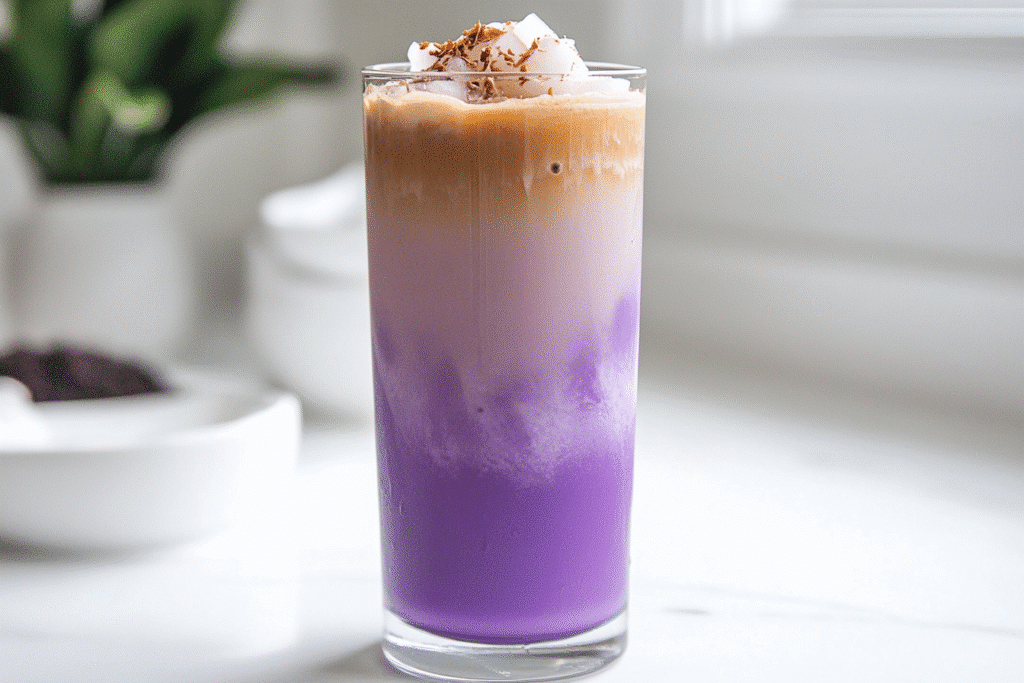 iced ube coconut latte in glass