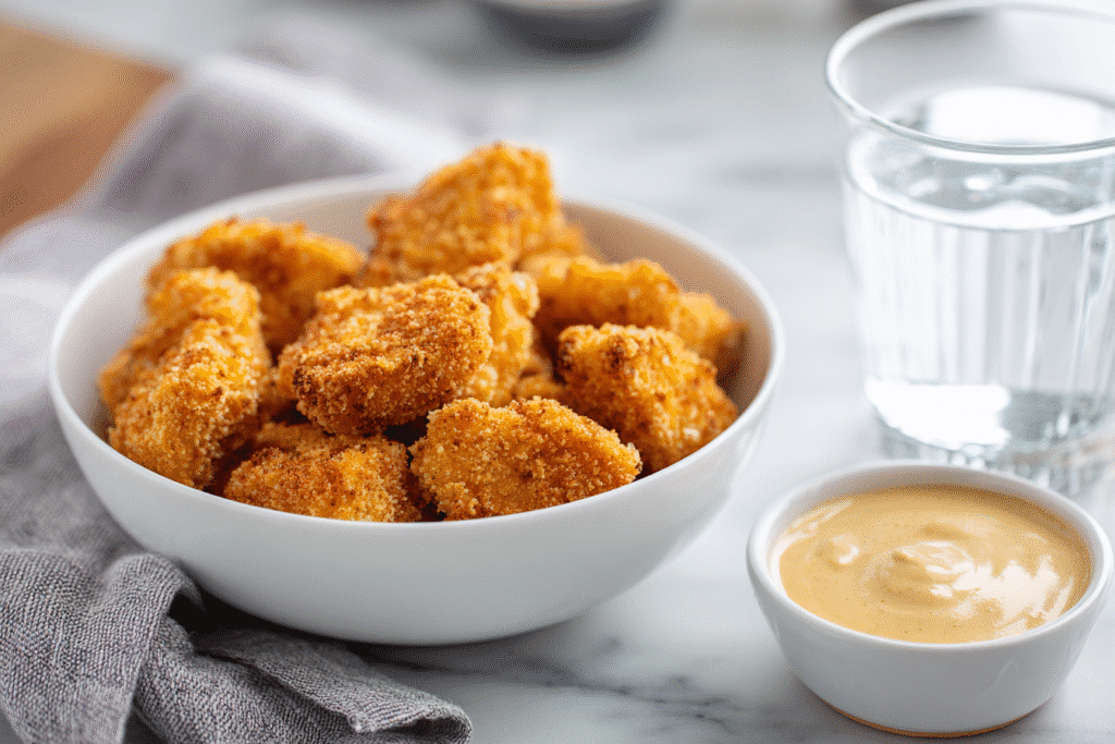Overhead lifestyle shot of keto chicken nuggets with dipping sauce