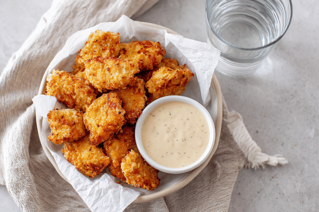 Overhead view of crispy keto chicken nuggets with dipping sauce on a white counter