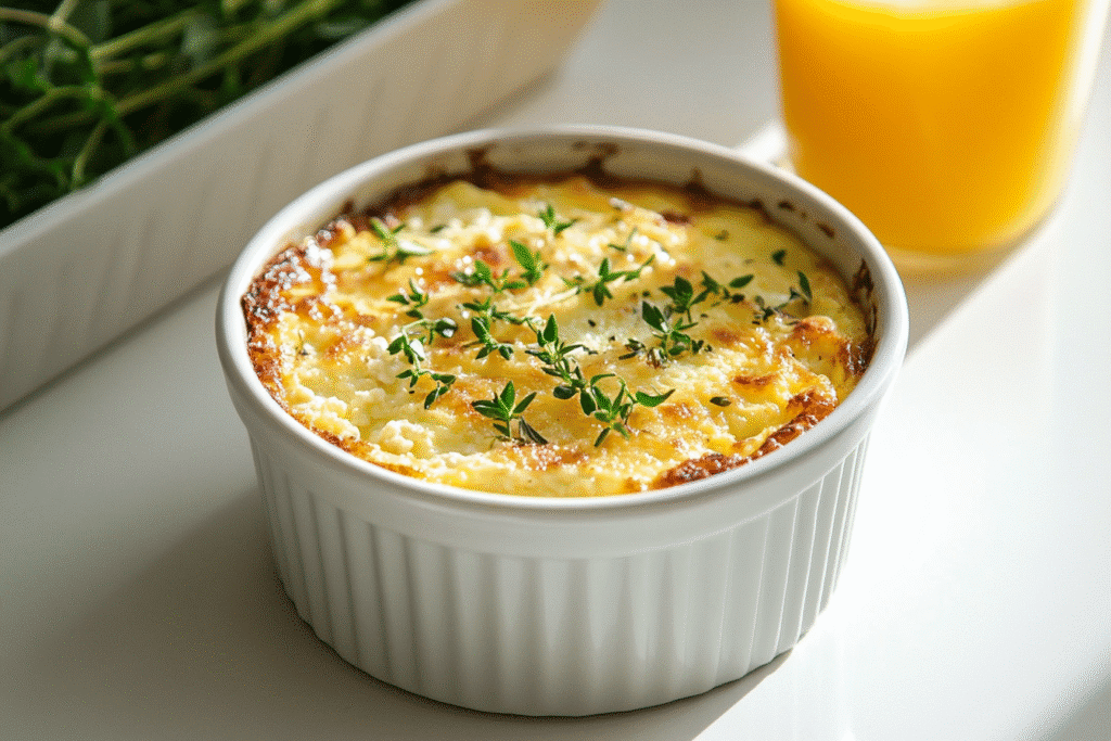 high protein egg bake with cottage cheese next to orange juice