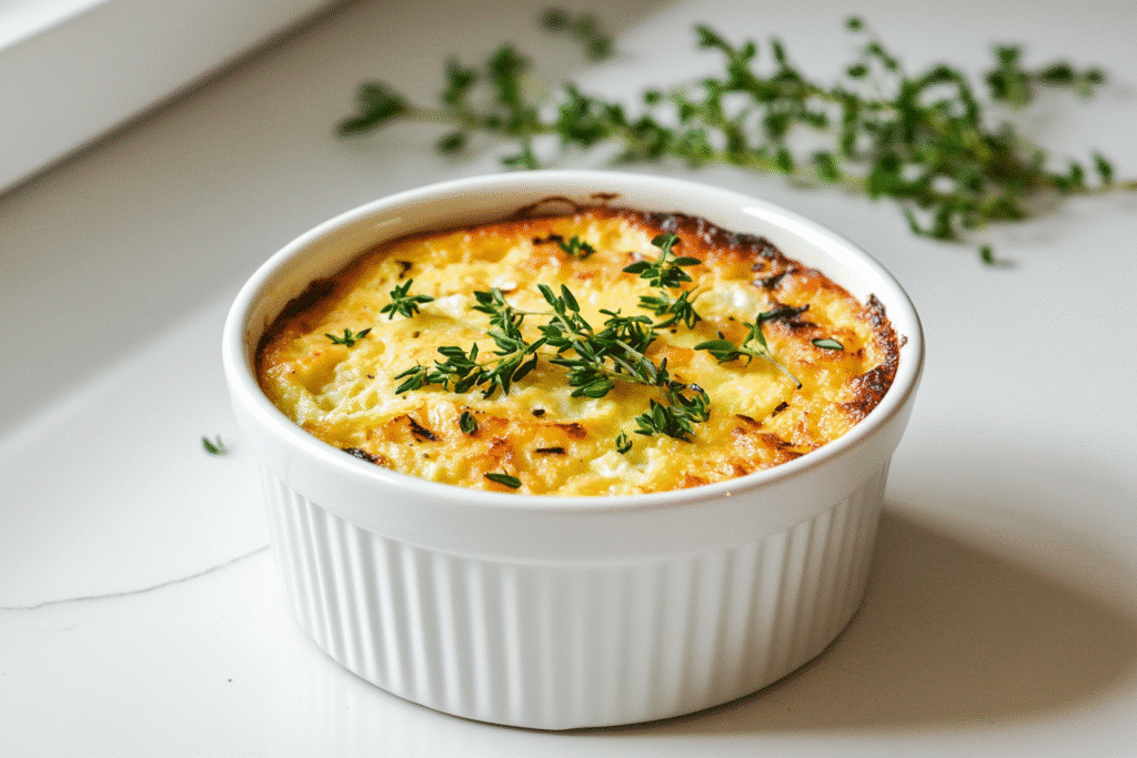high protein egg bake with cottage cheese in ramekin on white kitchen counter