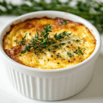 overhead view of high protein egg bake with cottage cheese on marble counter