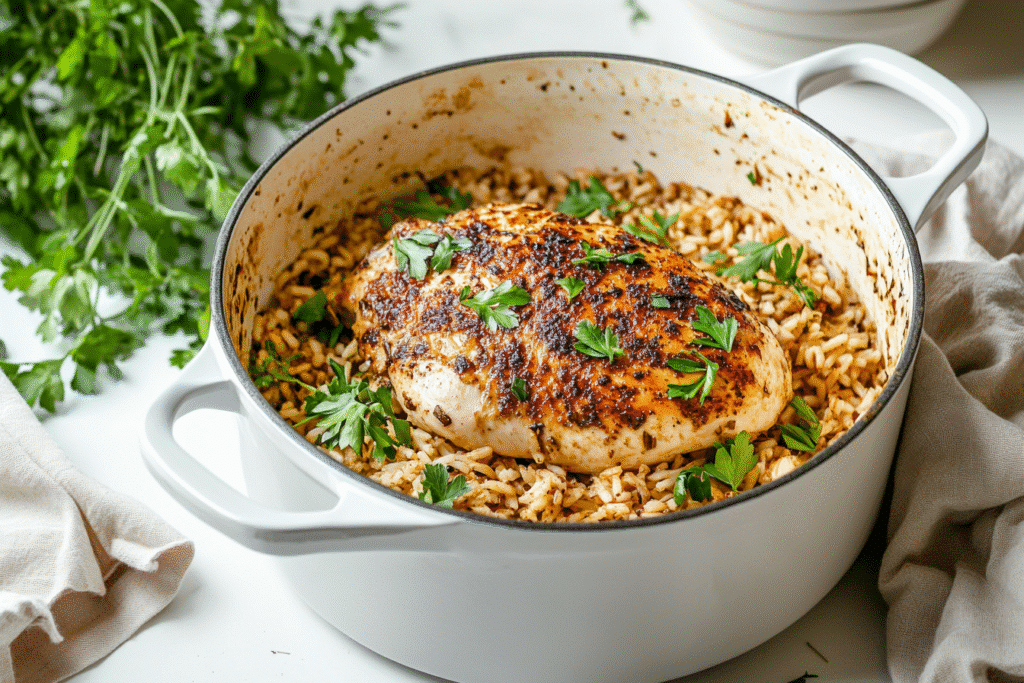 One Pot Shawarma Chicken and Rice in rustic pan