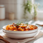 Creamy tomato one pot pasta for one on white kitchen counter