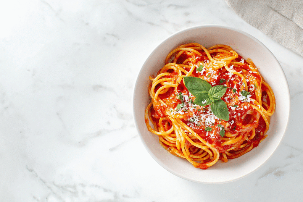One pot spaghetti for one in a white bowl on a clean kitchen countertop