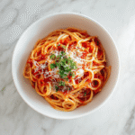 Classic one pot spaghetti for one served in a white bowl on a bright, modern kitchen countertop