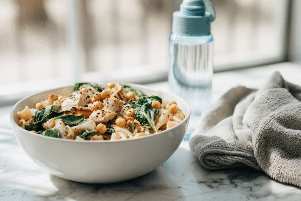 Bowl of post-gym pasta with chicken and spinach