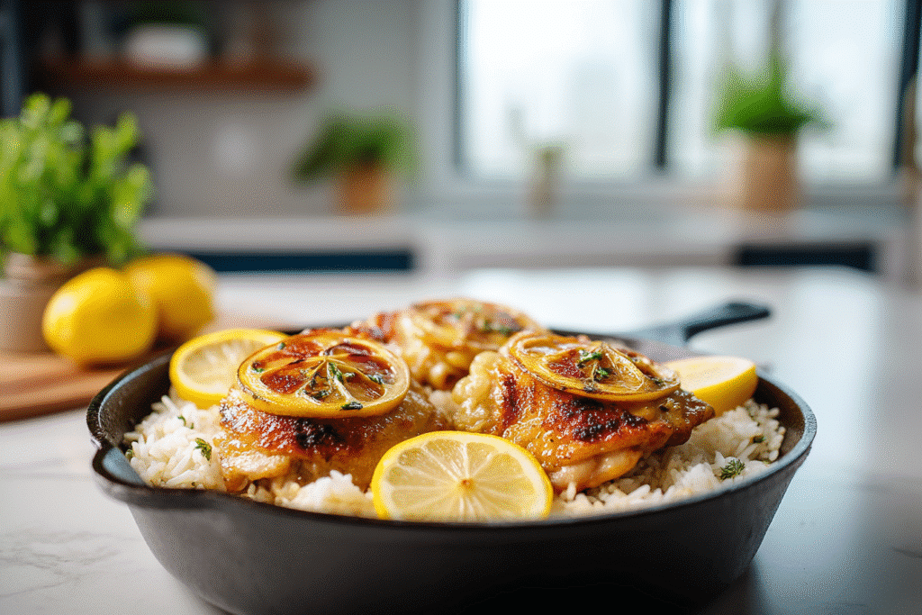 One Pot Chicken and Rice with Caramelized Lemon in a minimalist kitchen