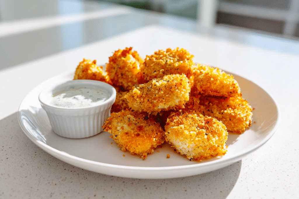 Keto chicken nuggets made with canned chicken on white countertop. keto chicken nugget mistakes