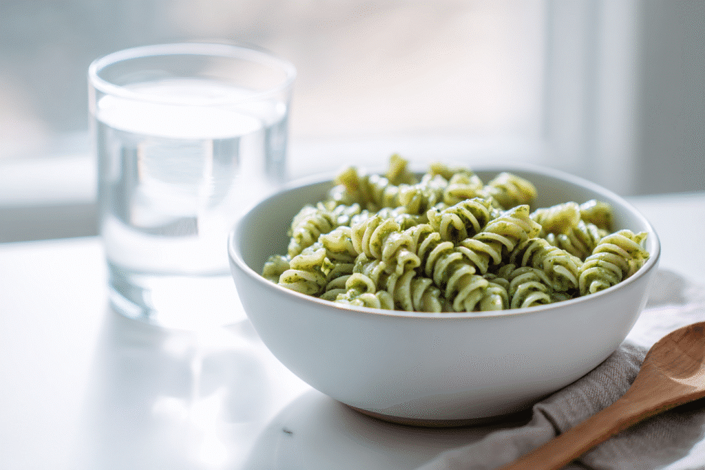 Pesto One Pot Pasta for One served on white countertop with basil and Parmesan