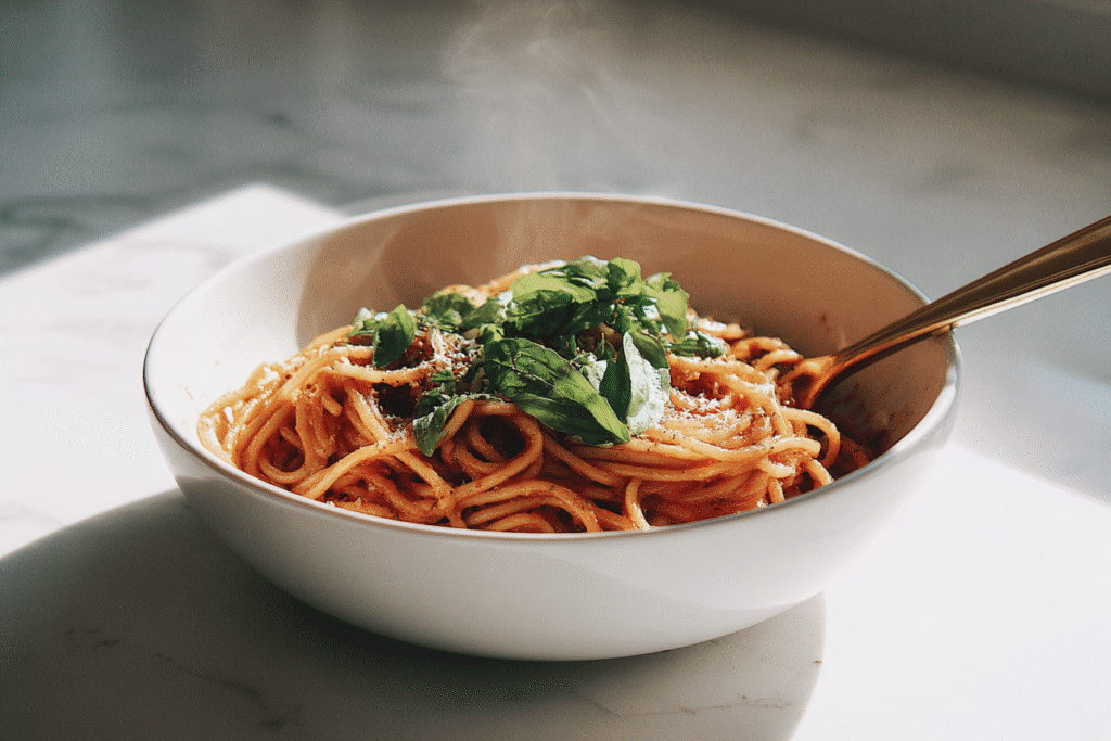 Low Carb One Pot Spaghetti for One served in white bowl on counter