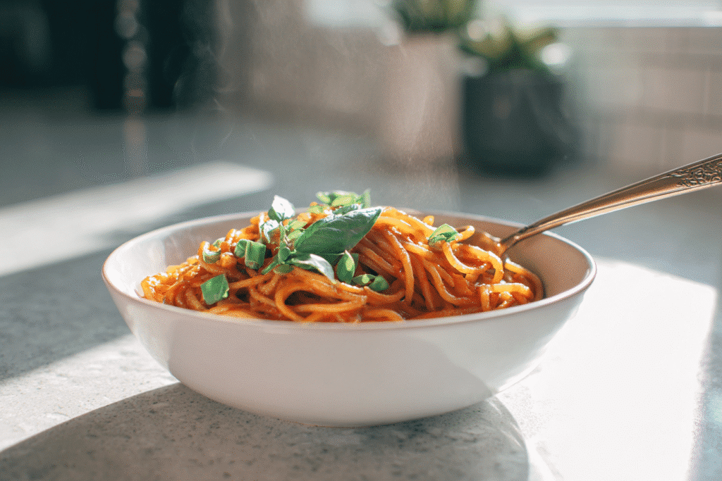 Low carb one pot spaghetti in a single white bowl on minimalist kitchen counter