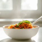 One-pot low carb spaghetti served on modern white countertop