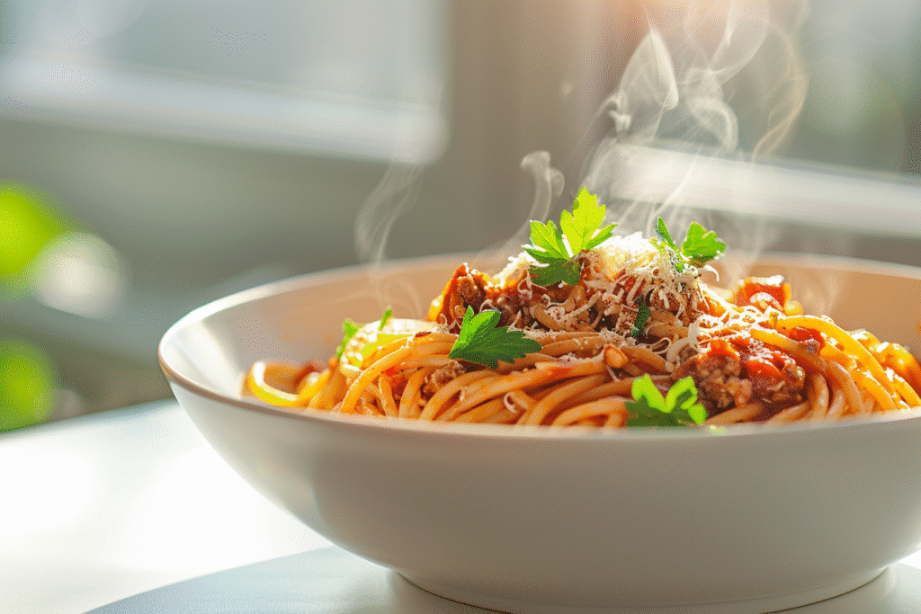 Final dish of Budget Classic One Pot Spaghetti served in a shallow white bowl, topped with fresh parsley